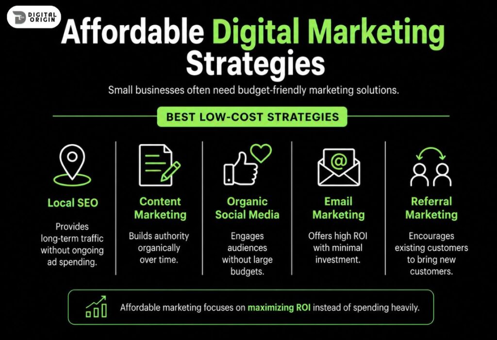 Infographic showing affordable digital marketing strategies including local SEO, content marketing, social media, email marketing, and referral marketing.