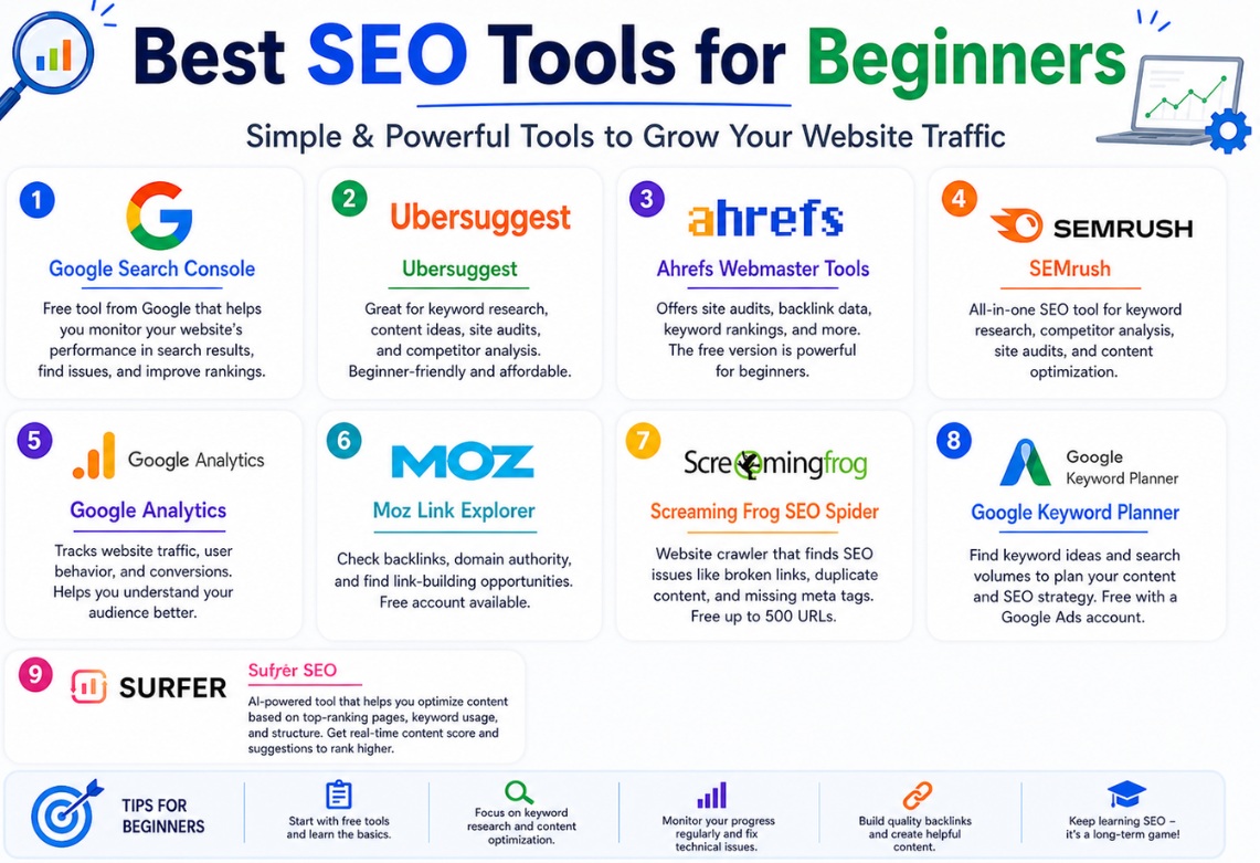 Infographic showing the best SEO tools for beginners including Google Search Console, Ubersuggest, Ahrefs, SEMrush, Google Analytics, Moz, Screaming Frog, and Surfer SEO.