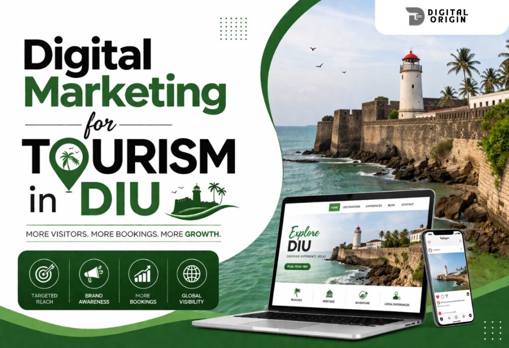 Infographic about digital marketing for tourism in Diu featuring online travel promotion, brand awareness, bookings, and global visibility.