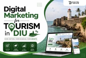 Infographic about digital marketing for tourism in Diu featuring online travel promotion, brand awareness, bookings, and global visibility.