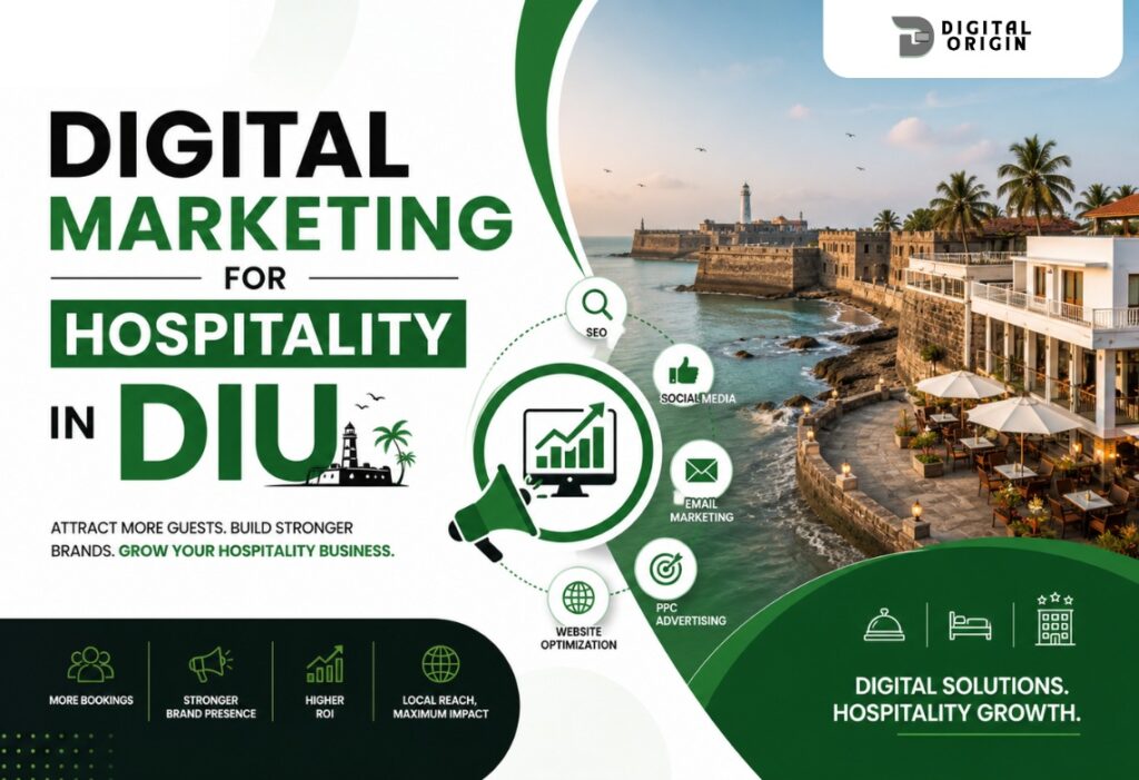 Infographic about digital marketing for the hospitality industry in Diu featuring SEO, social media, email marketing, PPC advertising, and hotel growth strategies.