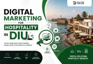 Infographic about digital marketing for the hospitality industry in Diu featuring SEO, social media, email marketing, PPC advertising, and hotel growth strategies.