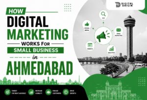 Infographic explaining how digital marketing works for small businesses in Ahmedabad using SEO, social media, email marketing, websites, and analytics.