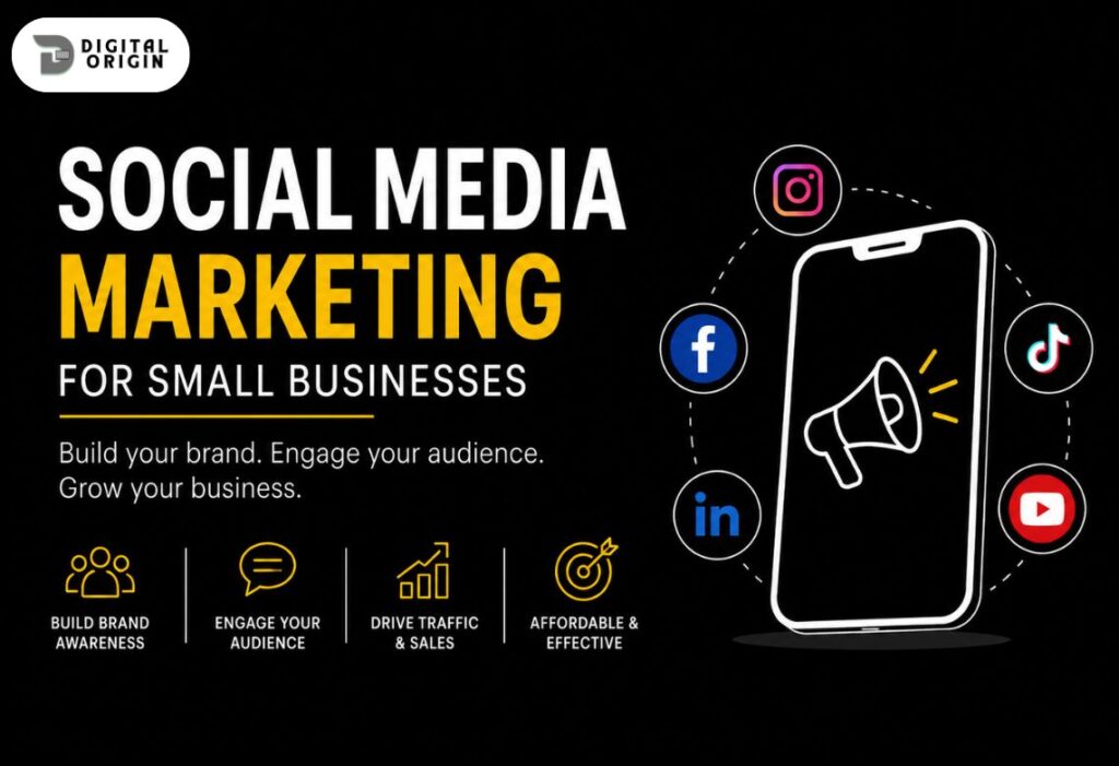 Social media marketing infographic for small businesses featuring Instagram, Facebook, LinkedIn, TikTok, and YouTube icons around a smartphone.