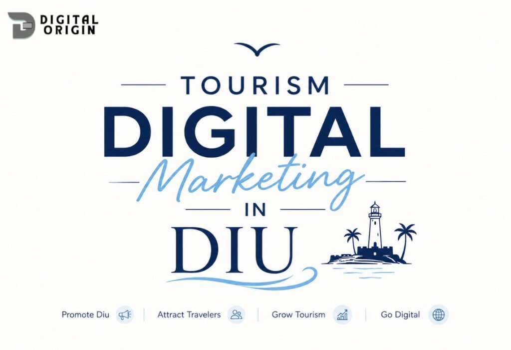 Tourism digital marketing infographic for Diu featuring branding, traveler attraction, and online tourism growth strategies.
