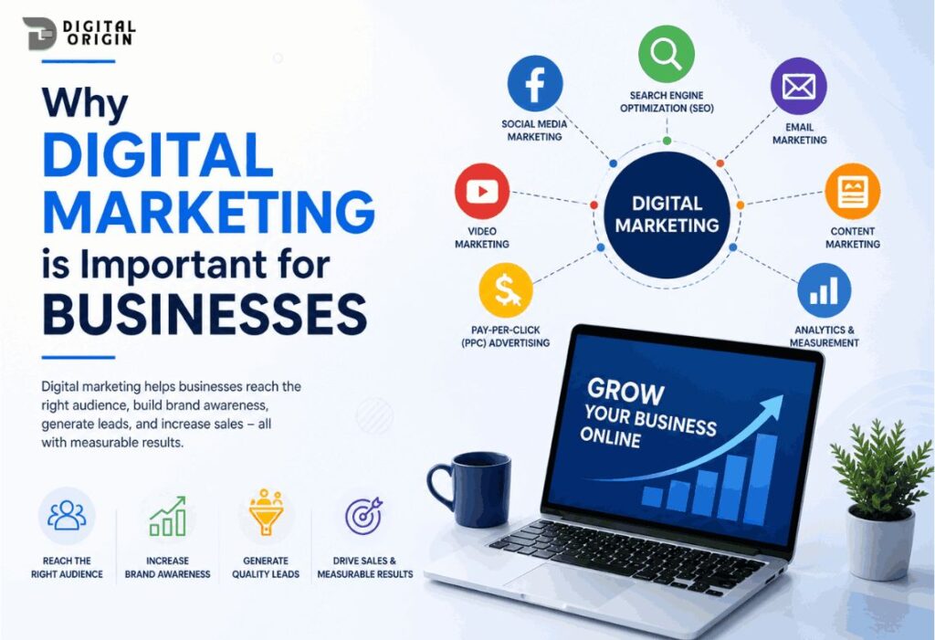 Infographic explaining why digital marketing is important for businesses, featuring SEO, social media marketing, email marketing, content marketing, PPC advertising, analytics, and video marketing around a central digital marketing concept with a laptop showing business growth online.