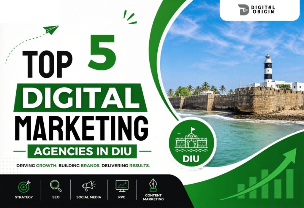 Infographic about the top 5 digital marketing agencies in Diu featuring SEO, social media, PPC, and content marketing services.