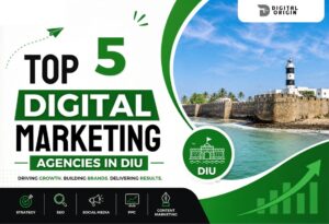 Infographic about the top 5 digital marketing agencies in Diu featuring SEO, social media, PPC, and content marketing services.